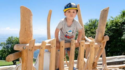 Kleiner Junge klettert auf einen Holzturm