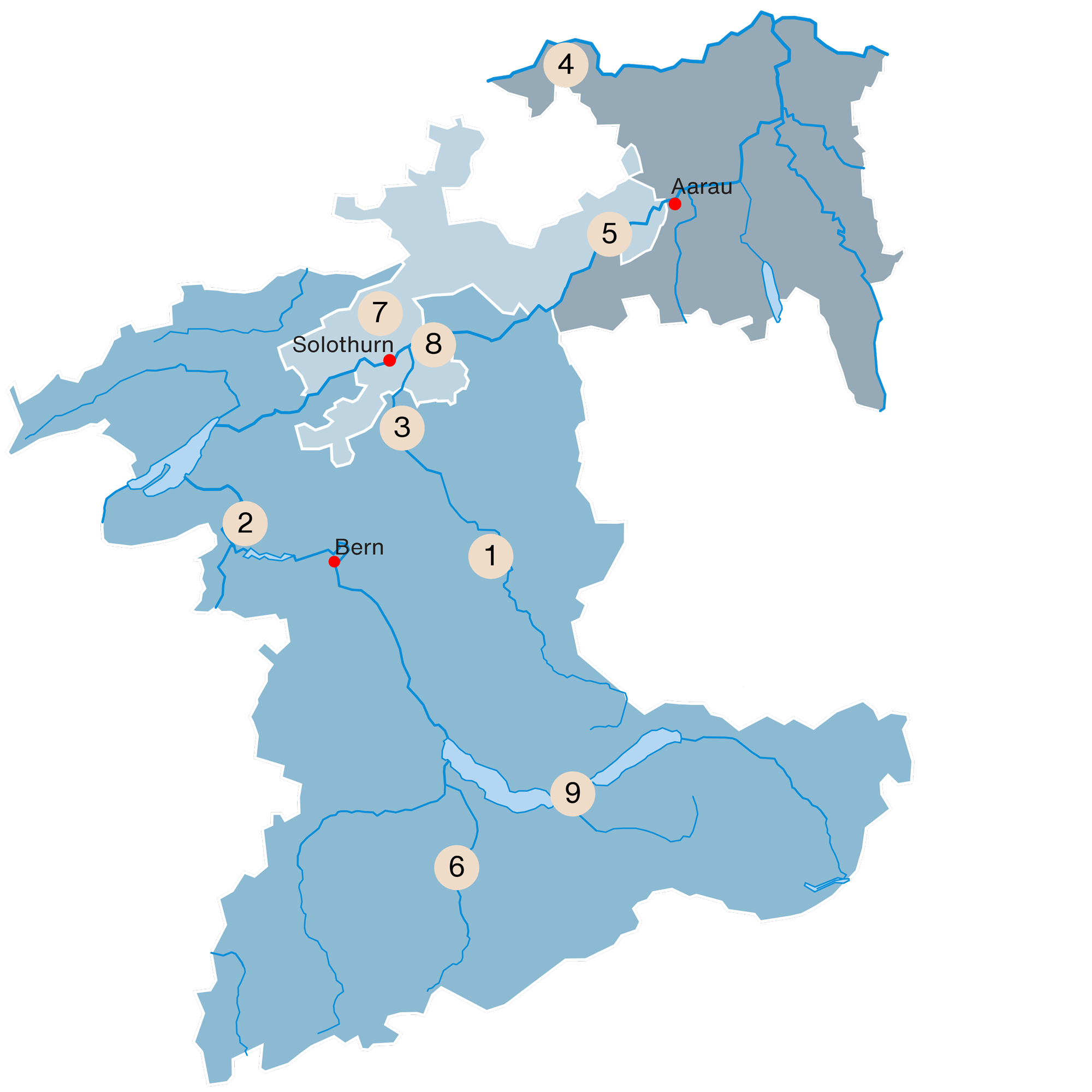 Karte Region Aare mit Schwingfest-Standorten 2023